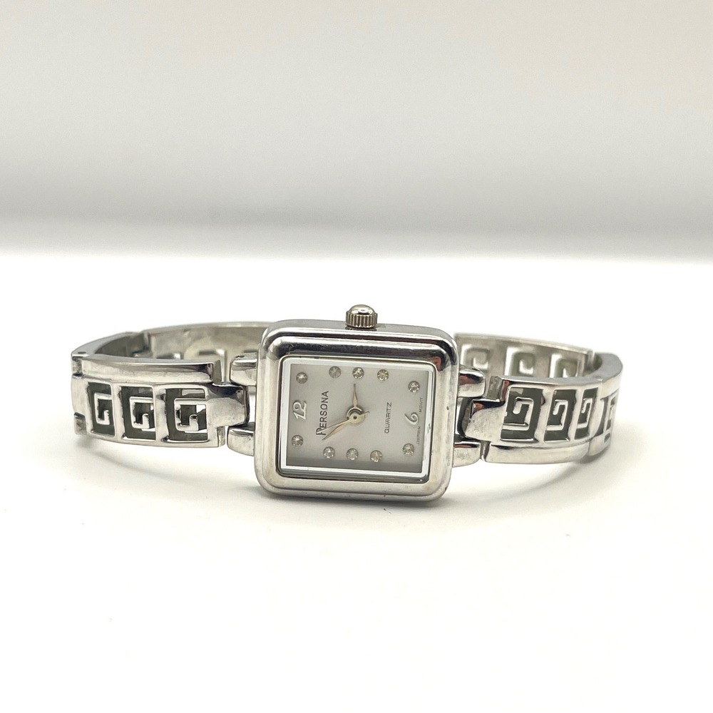 Persona Silver Tone Greek Key Link Bracelet Watch Rectangular Crystal Dial 6in